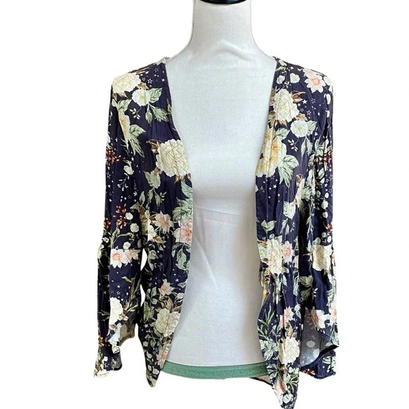 Farm Rio Charcoal Floral Star Boho Kimono Jacket One Size - Picture 2 of 14
